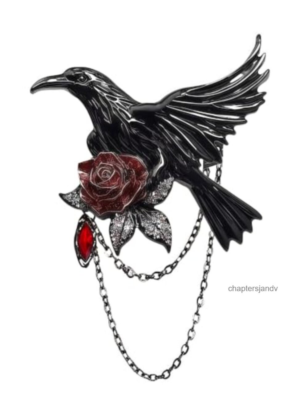 Gothic Raven Rose Brooch Pin Crystal Tassel Chain Dark Academia Lapel